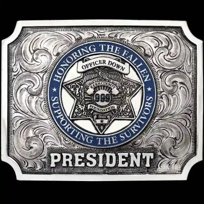 Bakersfield custom western belt buckle handcrafted in German silver with engraved details by Molly's Custom Silver.
